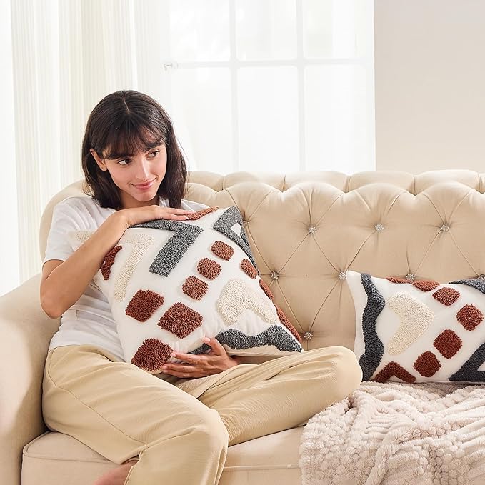 lifein Boho Pillow Covers 18x18 Set of 2 Boho Tufted Throw Pillow Covers Aesthetic Decorative Cushion Covers Farmhouse Pillow Case for Couch Sofa Bed Living Room,Home Decor