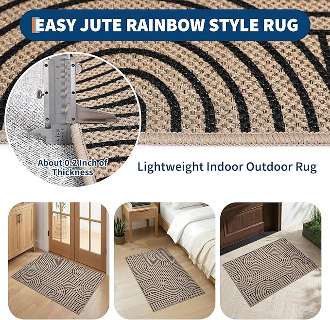 GarveeHome Easy Jute Rainbow Rug 2x3 Entryway Rug Indoor Outdoor Front Door Mat Neutral Non Slip Non Shedding Washable Farmhouse Kitchen Mat