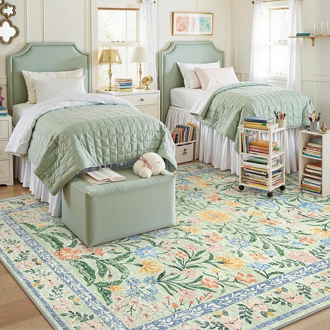 Lahome Sylvie Machine Washable Area Rugs 8x10 Non Slip, Soft Boho Living Room Rugs, Ultra-Thin Vintage Cottage Throw Carpet for Home Office Dinning Room Kids Playroom, Green/Multi
