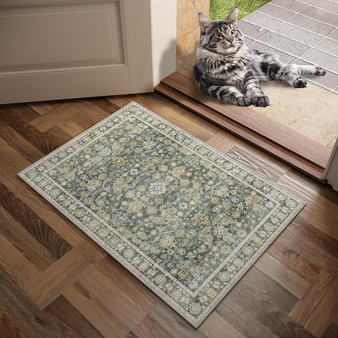 Washable 2'x3' Non Slip Rug Vintage Soft Low Pile Lightweight Boho Area Rugs for High-Traffic Areas (Entryway, Kitchen, Hallway), Farmhouse Decor