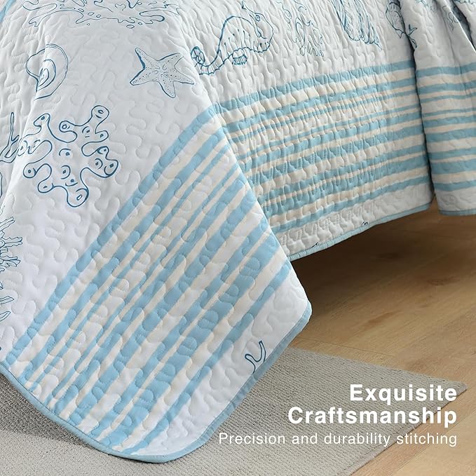HORIMOTE HOME Coastal Quilt Bedding Set King Size, Striped Blue Summer Beach Quilt Lightweight Ocean Nautical Comforter Tropical Bedspread Coverlet with 2 Pillow Shams for All Seasons (106"x96")