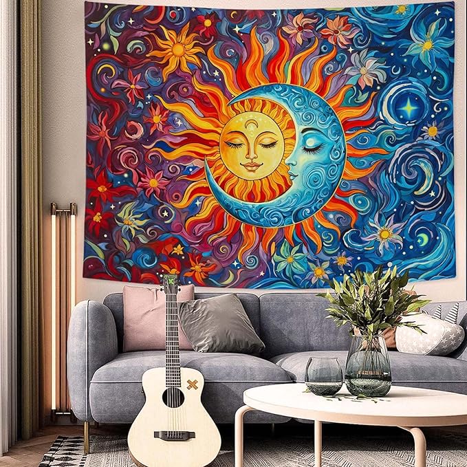 Sun and Moon Tapestry Boho Hippie Orange Red Blue Floral Tapestry for Bedroom Aesthetic Abstract Plant Flowers Stars Small Tapestries Wall Hanging for Living Room Dorm 60 x 44 Inch