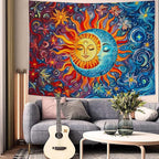 Sun and Moon Tapestry Boho Hippie Orange Red Blue Floral Tapestry for Bedroom Aesthetic Abstract Plant Flowers Stars Small Tapestries Wall Hanging for Living Room Dorm 48 x 36 Inch