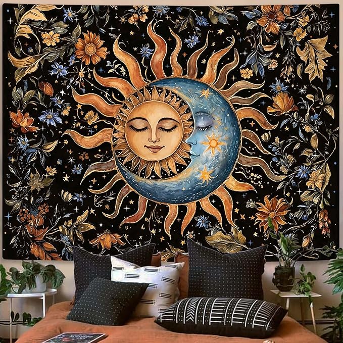 Aipon Sun and Moon Tapestry for Bedroom Boho Vintage Floral Hippie Wall Tapestry Aesthetic Retro Flower Plant Large Tapestries Wall Hanging for Living Room Dorm Decor 80 x 60 Inch