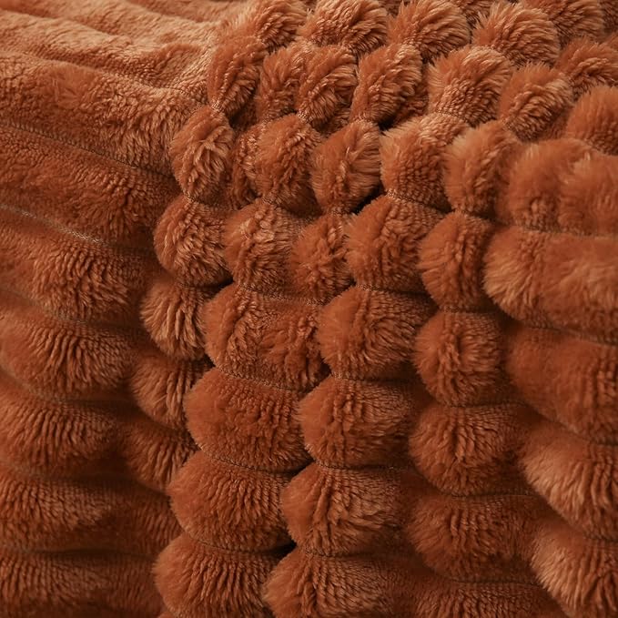 Burnt Orange Fleece Throw Blanket 60”×80” for Couch Sofa Bed,Super Soft Cozy Plush Microfiber Flannel Blanket with Stripes Design Lightweight for Adults,Woman,Girls