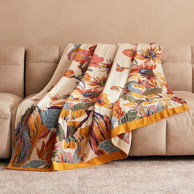 Boho Throw Blanket for Bed 100% Cotton Soft Lightweight Quilt Floral Butterfly Embroidery Home Decor Spring Bed Blankets,98"x98" All Season Reversible Blankets for Sofa Couch Chair