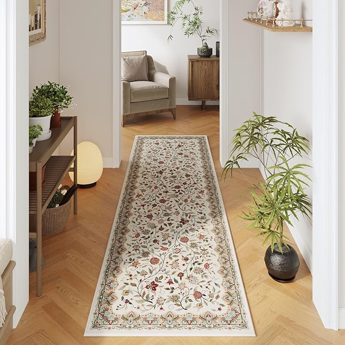 Rugcomf Vintage Paisley Runner Rug 2'7"x8' - Machine Washable, Non-Slip Low Pile Floral Carpet for Kitchen, Laundry, Bedroom, Bathroom - Beige