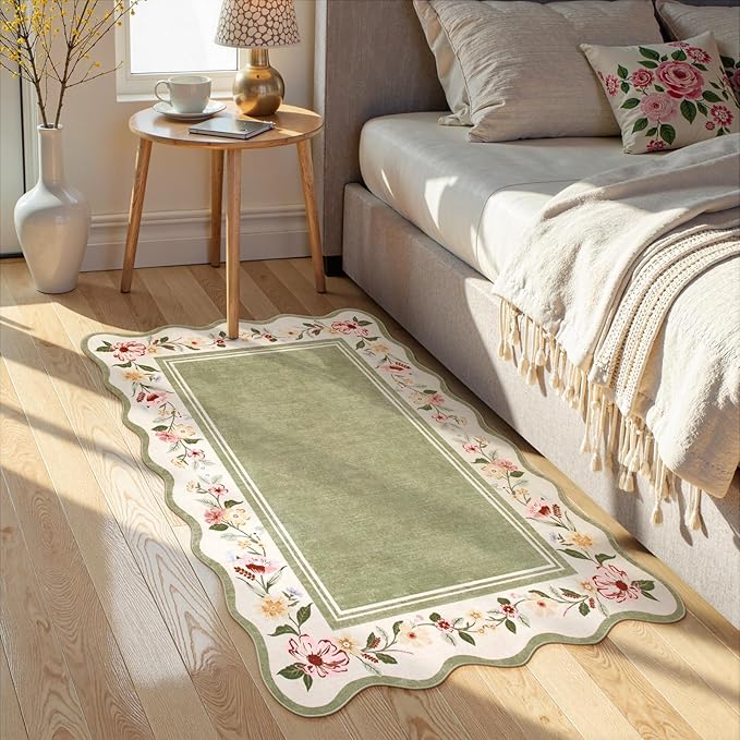 Lahome Floral 2x3 Rug, Green Kitchen Rugs Ulta-Thin Washable Indoor Mats for Entryway Non-Slip, Boho Scalloped Stain Resistant Small Throw Rugs for Bathroom Bedroom Ariele（Green）