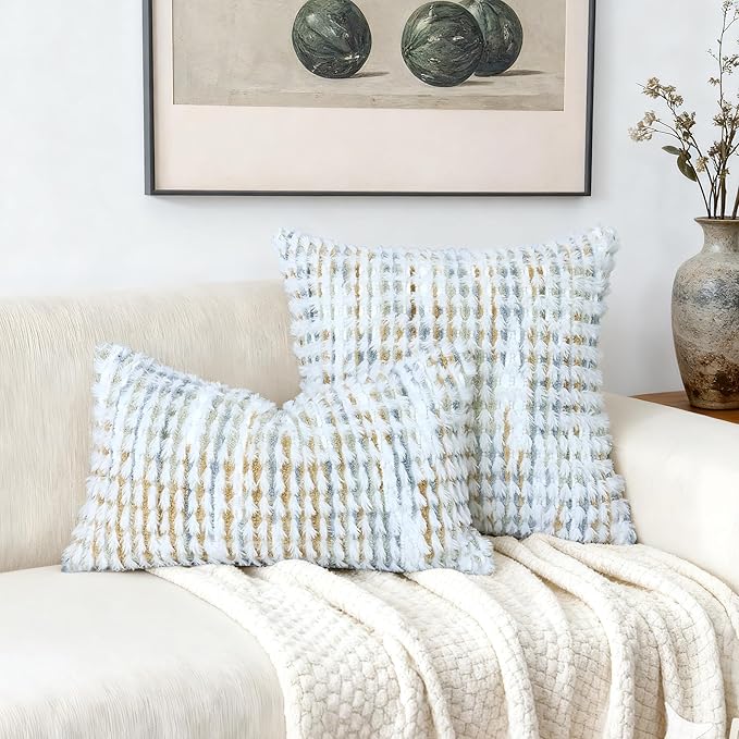 Boho Chenille Tufted Pillow Cover 24x24 Inch Set of 1, Farmhouse Striped Decorative Pillow Covers Accent Fluffy Neutral Square Pillowcases for Couch Sofa Bedroom Living Room, Gray Khaki