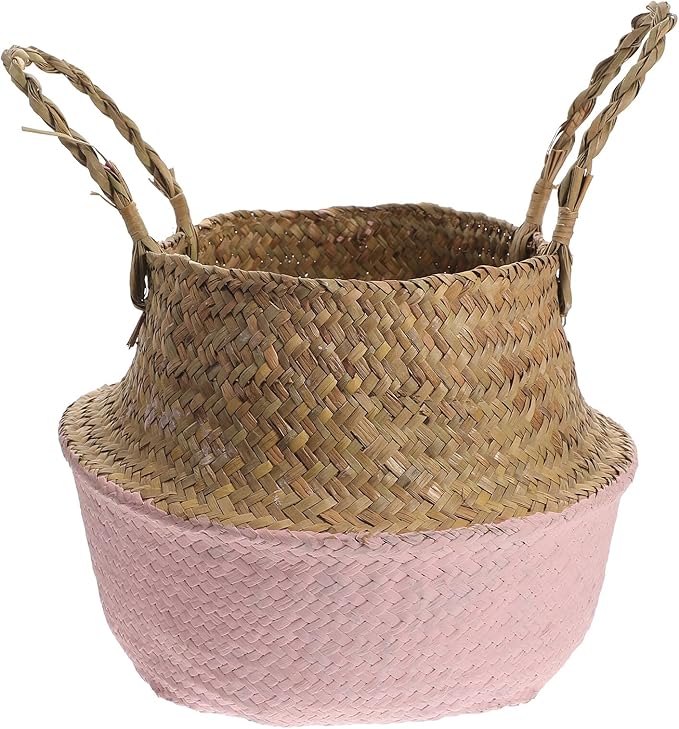 HANABASS Woven Seagrass Flower Basket with Handle 27cm Diameter Foldable Plant Pot Indoor Garden Decor Boho Style Patio Planter
