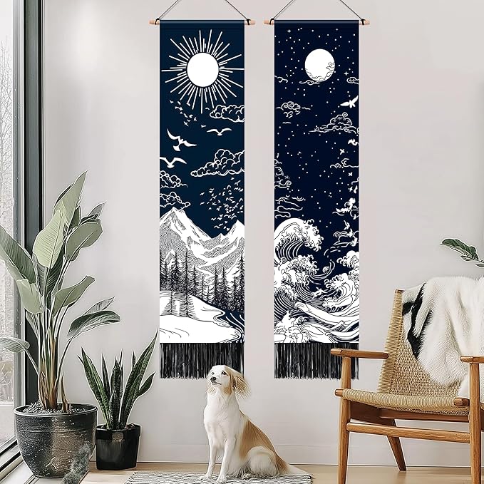 AOHMPT Pack of 2 Long Vertical Tapestry,Nature Landscape Tapestry with Serene Mountain River, Moon & Sun Motifs,Traditional Ink Painting Wall Art,Zen Aesthetic Wall Hanging for Living Room Bedroom Decor 13" W x 51" H"