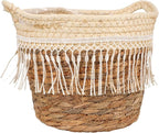 Toyvian Rustic Handwoven Plant Basket with Tassel Natural Grass Rope Indoor Planter Decorative Floral Container with Built in Leak Liner for Living Bedroom Office Boho Farmhouse Style