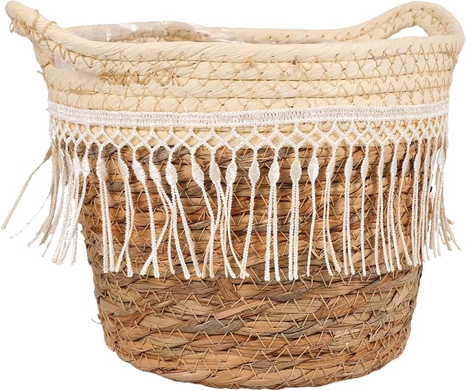 Toyvian Rustic Handwoven Plant Basket with Tassel Natural Grass Rope Indoor Planter Decorative Floral Container with Built in Leak Liner for Living Bedroom Office Boho Farmhouse Style