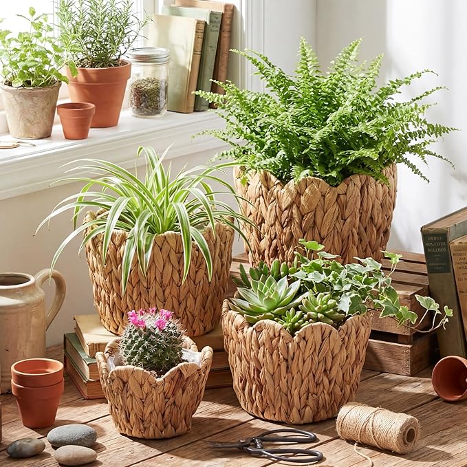 4 Pack Scalloped Wicker Plant Basket Water Hyacinth Plant Baskets Hand Woven Flower Pots Storage Containers with Plastic Liners for Indoor Outdoor Decoration, 10.2, 8.7, 7.5, 6 Inch(Untrim)
