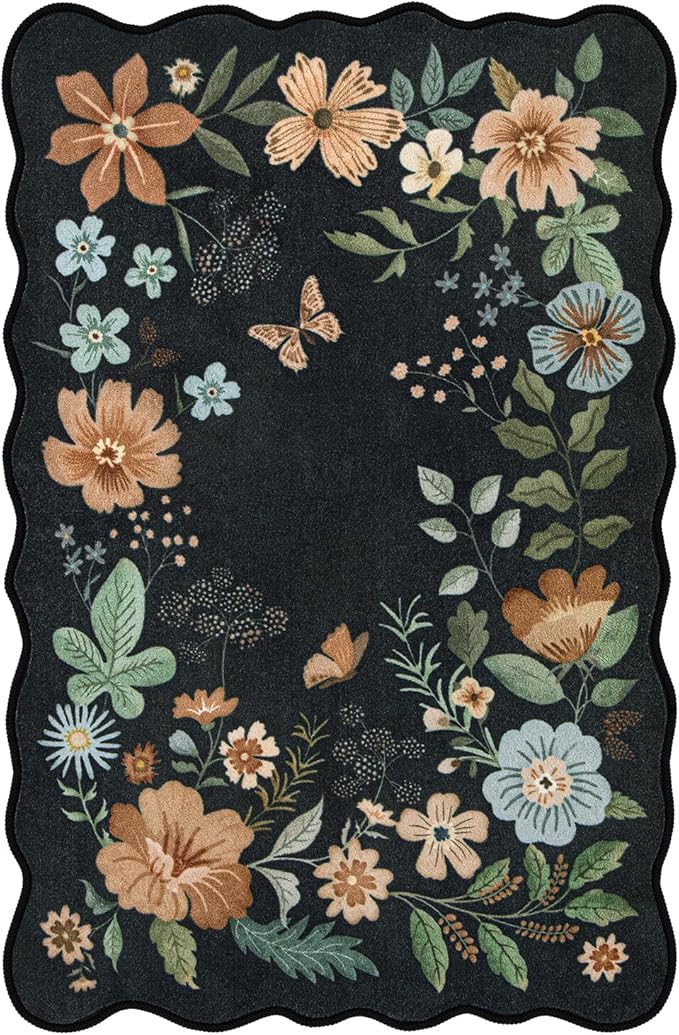 Lahome Floral Washable Rugs for Bedroom, 4X6 Living Room Rug Ultra-Thin, Non-Slip Soft Stain Resistant Boho Throw Carpet for ‎Office Entryway Dining Room Flore (4x6ft,Black/Grey)