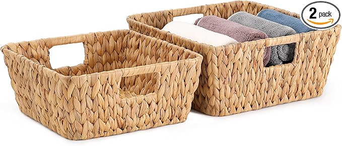 Square Water Hyacinth Storage Baskets Set of 2, Woven Basket for Christmas Gifts Empty, Handwoven Wicker Baskets Organizers with Handles for Pantry, Living Room，Shelf & Home Decor,Medium