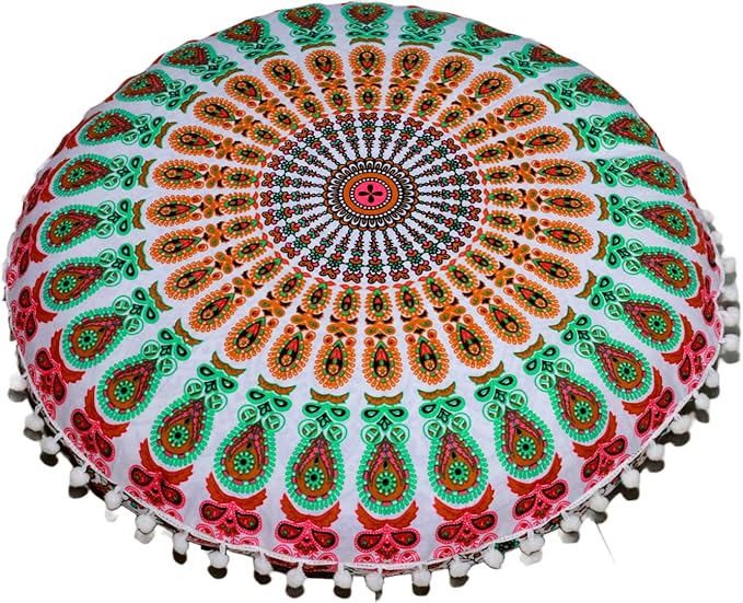 CRAFT KALA Round Mandala Meditation Cushion Cover, Floor Pillow or Cushions Cover, Yoga Seat Cover Seating Poufs Cover for Living Room 32", Musturd Mirchi