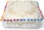 CRAFT KALA 16" Square Large Hippie Mandala Meditation Floor Ottoman Pillow Cushion Pouf Cover Square Poufs Bohemian Circle Floor Cushion Case Outdoor Fireplace Living Decor Cover White Gold Flower