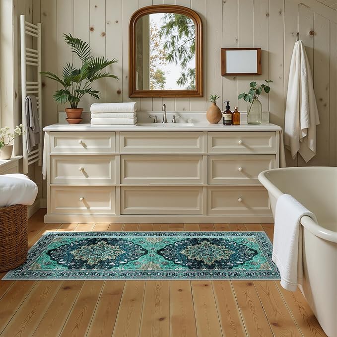 Area Rugs 2'x5' Runner Rug Non Slip Washable for Kitchen Hallway Bedroom Beside Laundry Room Bathroom Rug, Floor Carpet, Teal Green Lake Blue Turquoise