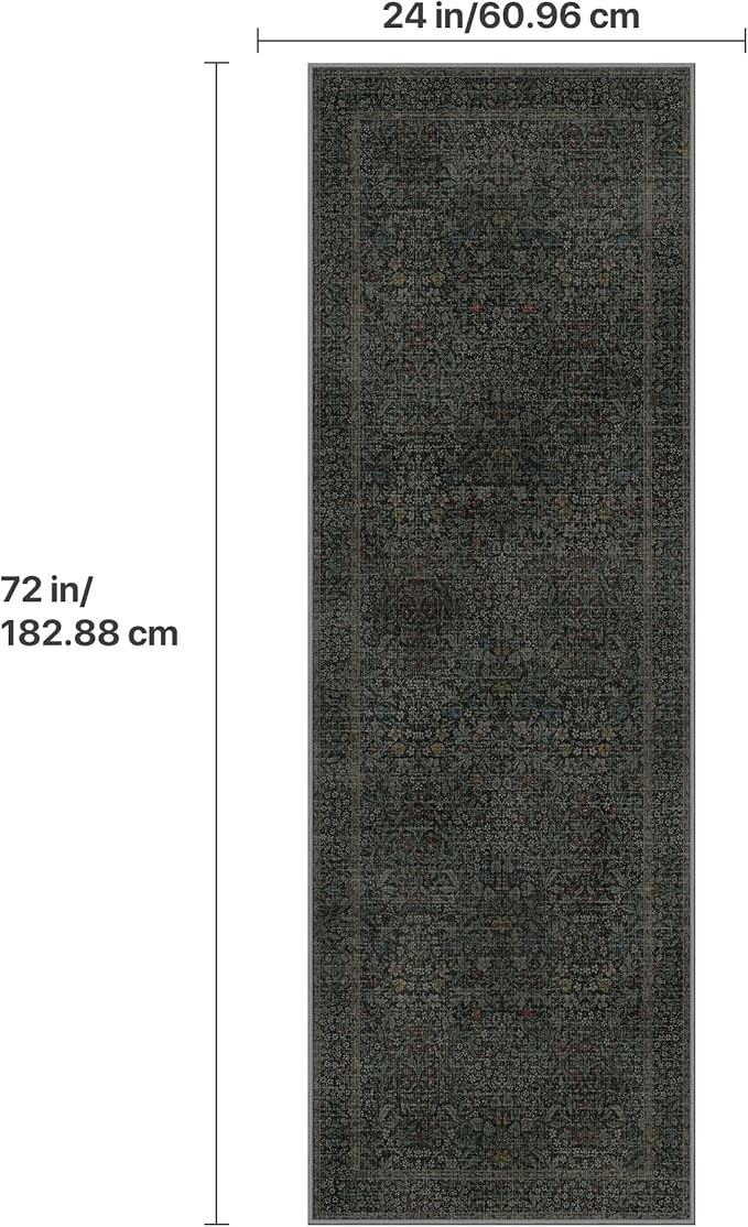 GENIMO 2x6 Runner Rug Non-Slip Washable, Low Pile Vintage Floral Indoor Carpet for Hallway Entryway Kitchen Bathroom, Stain Resistant （Charcoal Green）