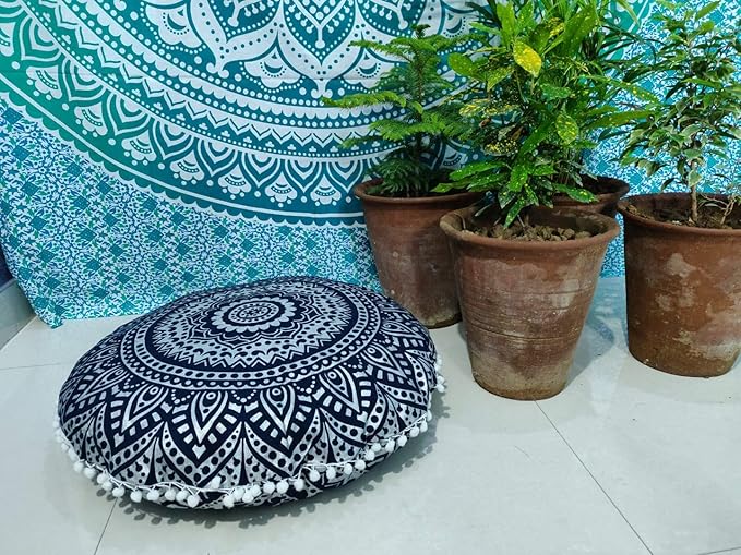 INDIAN CRAFT CASTLE 24" Blue Silver Mandala Barmeri Large Floor Pillow Cover Cushion Meditation Seating Ottoman Throw Cover Hippie Decorative Zipped Bohemian Pouf Ottoman Pom Pom Cases 24" Round