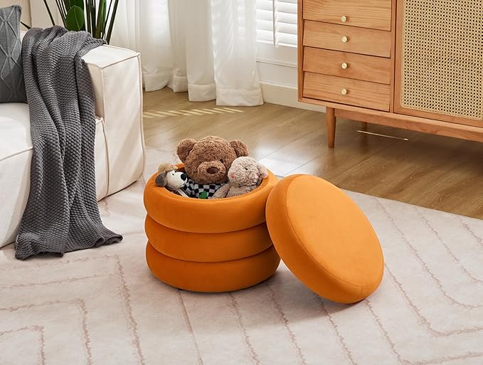 Flouki 19.5" Storage Ottoman Round, Vanity Stools for Bedroom, Velvet Pouf Ottoman with Removable Lid, Modern Ottoman Stool for Girls Women, Foot Stool for Living Room, Orange