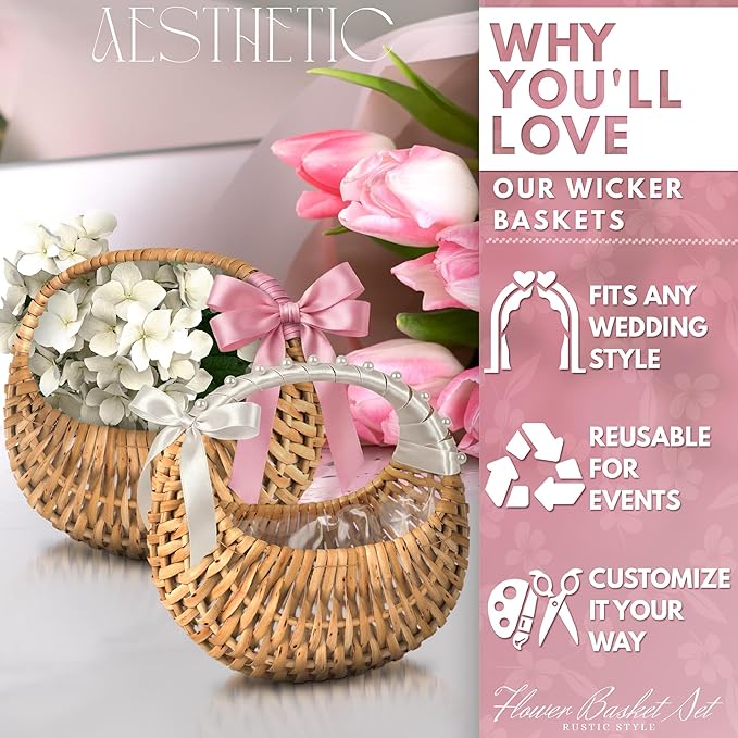 Small Flower Girl Basket Set of 2 - Small Wicker Basket with Handle and Waterproof Lining 6.3" x 5.12" x 3.75" - Tiny Easter Baskets with Rattan Design for Flowers, Sweets, Gifts, Home Decor & Storage
