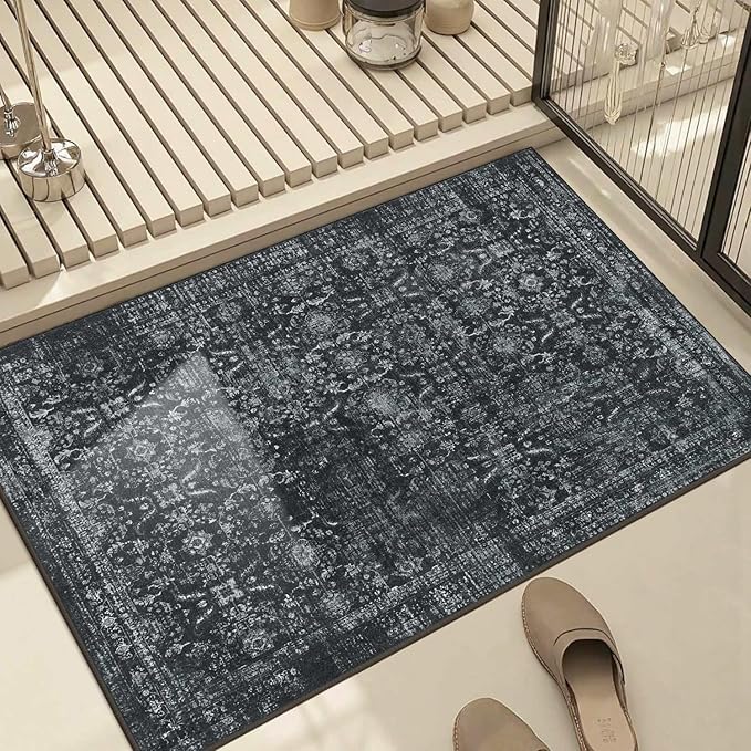 Entryway Rug Door Mat, Washable Samll 2x3 Rug, Black Boho Front Door Mat, Non Slip Area Rugs, Low Pile Throw Accent Entry Carpet for Indoor Entrance, Bathroom and Kitchen(Black 2x3ft)