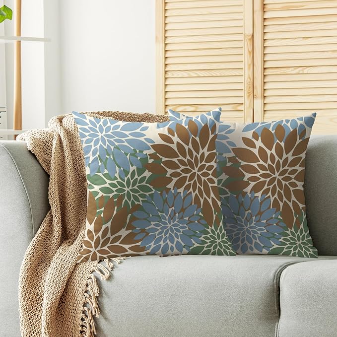 Brown Blue Green Pillow Covers 22X22 Inch Set of 2, Spring Summer Floral Dahlia Flower Cream Decorative Throw Pillow Covers Outdoor Modern Farmhouse Cushion Case for Home Couch Sofa Bed Decor