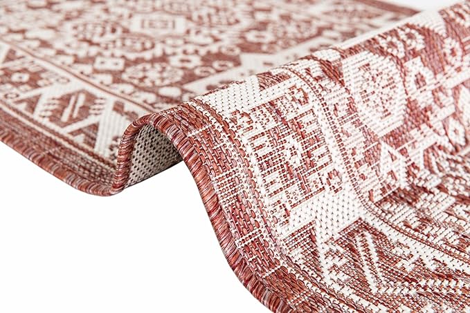 Rugs.com Outdoor Aztec Collection Rug – 5x7 Rust Red Flatweave-Pile Rug Perfect for Living Rooms, Large Dining Rooms, Open Floorplans