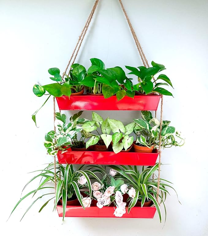 LaLaGreen Hanging Wall Planter - 16 Inch Three Tier Plant Hanger for Succulent Indoor Herb Planter Metal Wall Plant Holder Bright Red Christmas Decor, Vertical Garden Hanging Planter Shelf Outdoor