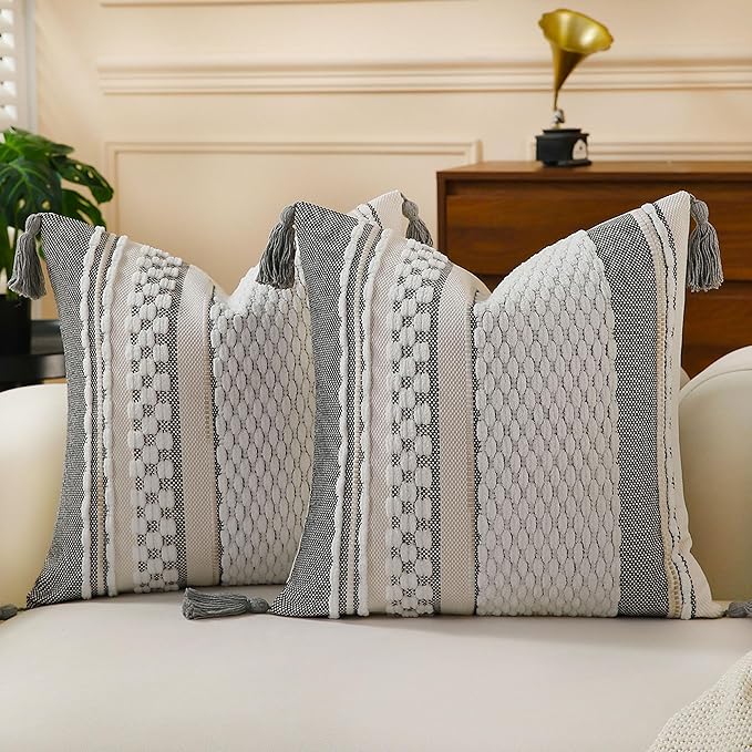 Set of 2 Boho Pillow Covers with Tassels White 18x18 Inch Farmhouse Decorative Chenille Tufted Striped Throw Pillow Covers, Neutral Accent Square Textured Pillowcase for Couch Bed Living Room