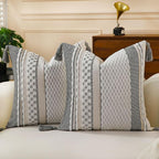 Set of 2 Boho Pillow Covers with Tassels White 18x18 Inch Farmhouse Decorative Chenille Tufted Striped Throw Pillow Covers, Neutral Accent Square Textured Pillowcase for Couch Bed Living Room