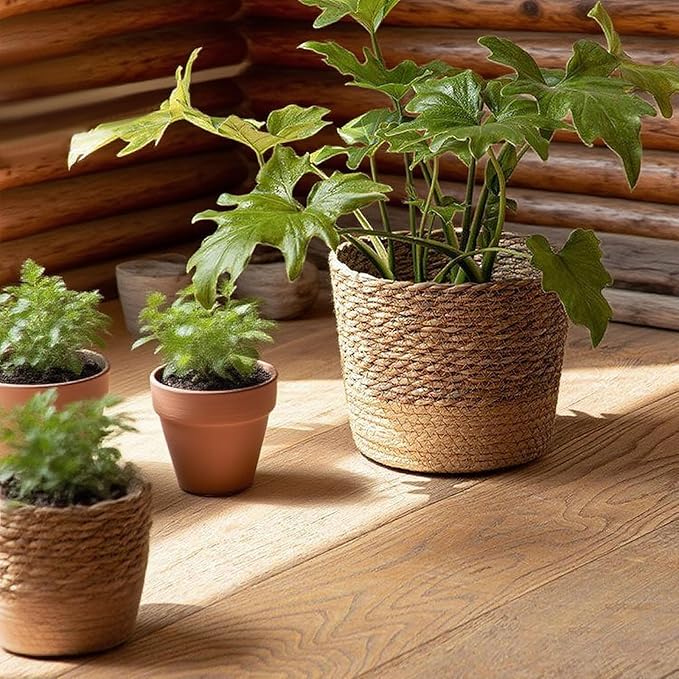 Woven Flower Pot Basket, Seagrass Storage Organizer Planter, Rustic Decorative Plant Containers Cover Laundry Bin for Porch Living Room Entryway (Khaki, 6.1Inch)