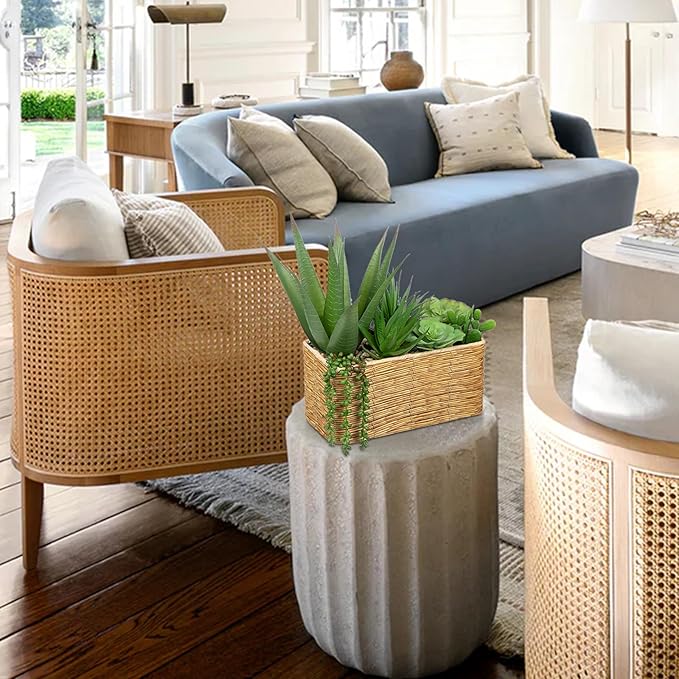 Hollyone Artificial Succulent Plant Arrangement Centerpiece Assorted Fake Agave Succulents in Rectangular Woven Basket 12" Faux Potted Succulents for Indoor Home Office Table Windowsill Shelf Decor