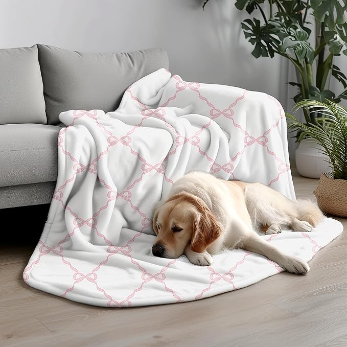 Coquette Pink Bow Blanket, Preppy Throw for Couch Bed Sofa, Cute Girly Bedroom Decor for Girls Women, Coquette Room Decor, 50x60 Inches
