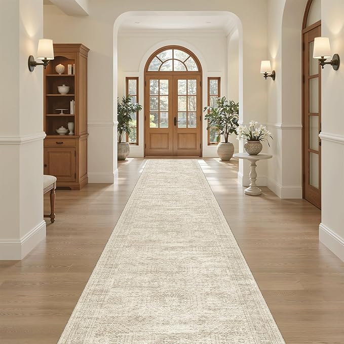 Runner Rug 2'6" x 14' Washable Non-Slip Runner Rugs for Kitchen Bathroom Laundry Room Vintage Ultra Thin Runners for Hallway Entryway Beige