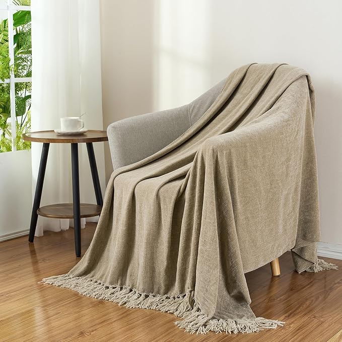 Chenille Throw Blanket for Couch with Tassels,60"X80" Soft Cozy Lightweight Knitted Boho Decorative Blankets for Bed and Sofa,Taupe