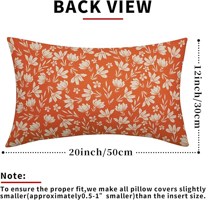 Orange Pillow Covers 12x20 Set of 2 Vintage Floral Rustic Old Style Cute Flower Print Rectangle Decorative Outdoor Pillowcases Seasonal Farmhouse Throw Cushion Case Couch Sofa Bed Decor