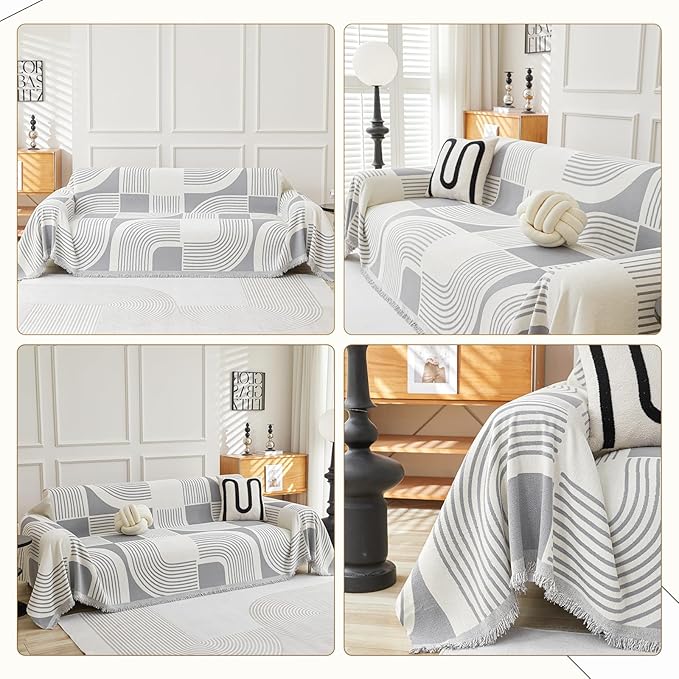 Boho Couch Cover Sofa Covers Washable, Chenille Couch Covers for 3 Cushion Couch Sofa Pet Friendly, Bohemian Sofa Slipcovers for Sectional Sofa, Loveseat, 2 3 4 Seater (71" x 134", Grey)