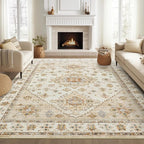 Washable Rugs 8x10, Ultra-Thin Non-Slip 8x10 Area Rugs for Living Room, Soft Vintage Large Area Rug, Foldable Farmhouse Bedroom, Dining Room Rug (Light Brown/Beige, 8'x10')