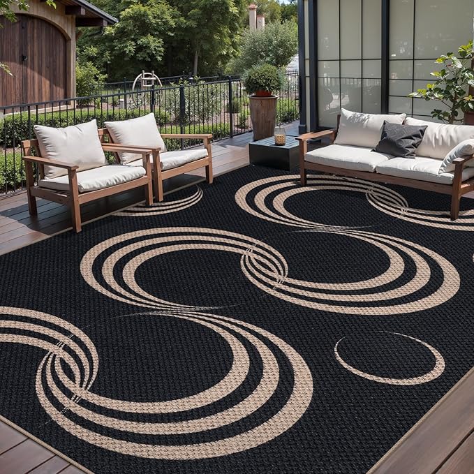 Tangsoo Easy Jute Rug 6x9 Washable Area Rugs for Living Room,Non Slip Indoor Outdoor Carpet,Farmhouse Modern Black Large Throw Mat for Office Balcony Backyard Dining Room Sunroom
