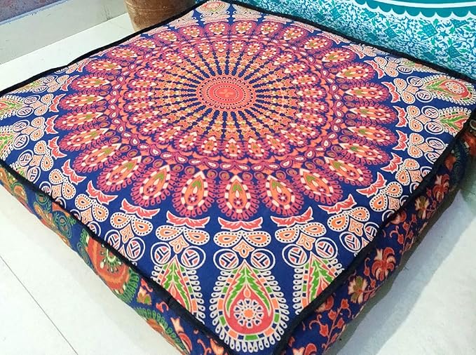 ICC 24" Orange Peacock Mandala Barmeri Large Floor Pillow Cover Cushion Meditation Seating Ottoman Throw Cover Hippie Decorative Zipped Bohemian Pouf Ottoman Pom Pom Cases 24" Square