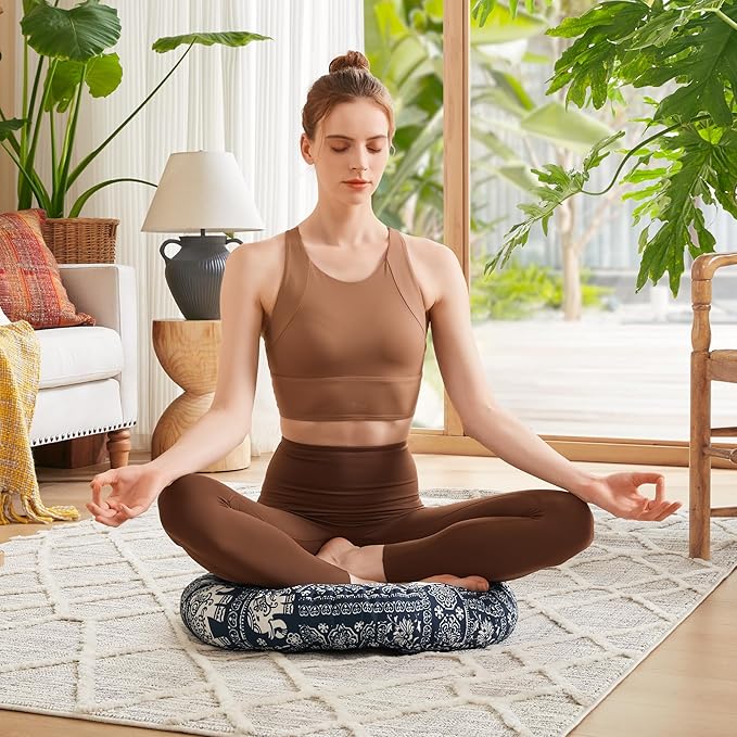 Codi Meditation Floor Pillow, Boho Pillows Seating for Adults and Kids, Large Cushion for Yoga Living Room Tatami Sitting, Memory Foam Added, 22x22 Inch Pack of 2, Round - Indigo Elephant