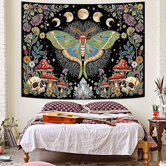 Accnicc Moth Tapestry Boho Mushroom Hippie Skull Wall Tapestry for Bedroom Aesthetic Vintage Floral Plant Moon Phase Small Tapestries Wall Hanging for Dorm Living Room Decor 48 x 36 Inch