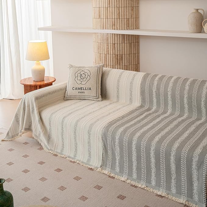 VClife Chenille Sofa Cover Bohemian Striped Pattern Couch Cover for 3 Cushion Sofa - Cream and Gray Textured Sofa Slipcover Washable Furniture Protector for Couch Decorative Couch Cushion Cover