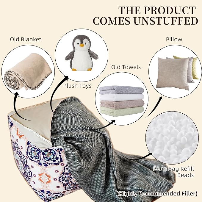 Unstuffed Pouf Cover Ottoman Footrest Bohemian Chenille Foot Stool Floor Bean Bag 18x18x18 Inches for Living Room Bedroom Home Decor (Blue, Cube)