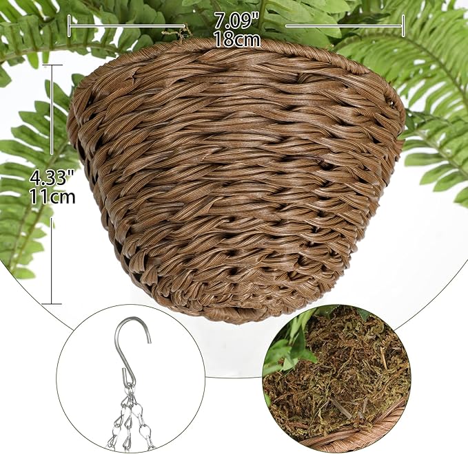 Hollyone 25" Artificial Boston Fern Hanging Basket 31 Leaves Fake Ferns in Rattan Pot Medium Greenery Plants for Outdoors & Indoor Faux Fern Bush Basket Plant Patio Garden Home Decor Dusty Green