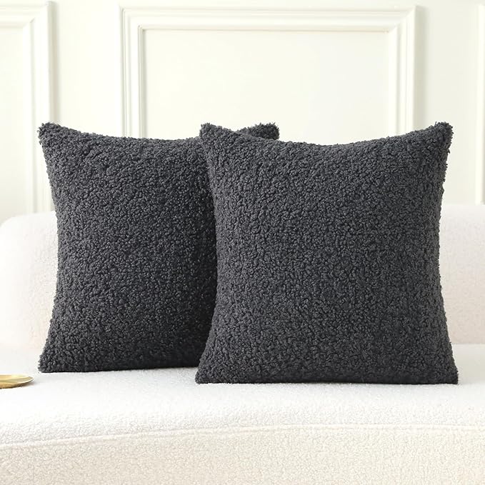 FUTEI Charcoal Throw Pillow Covers 20x20 Inch Set of 2,Furry Faux Fur Teddy Boucle Textured Cushion Covers,Soft Fluffy Decorative Pillow Case,Home Decor for Couch Bed Living Room Office Car