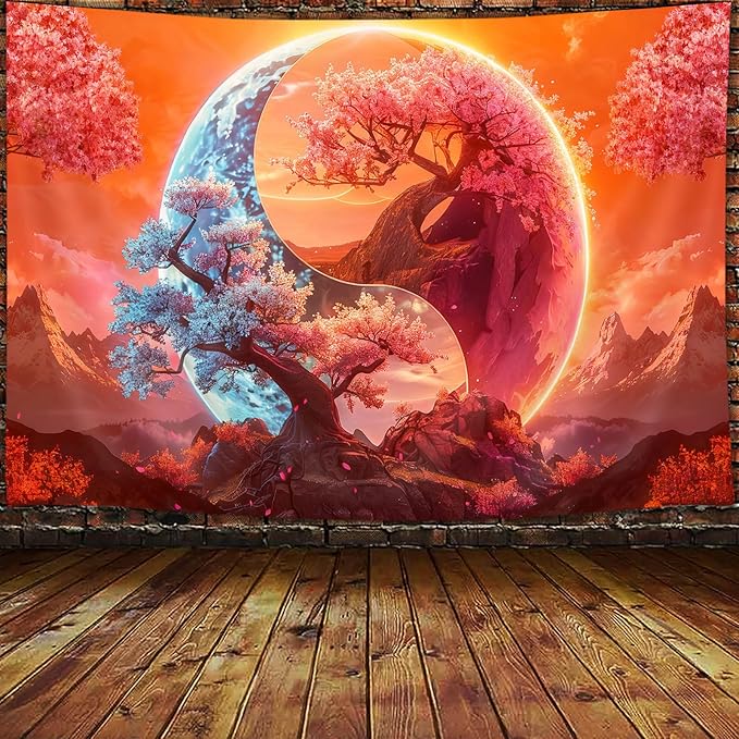 JAWO Tree Life Tapestry Aesthetic, Colorful Pink Flowers Sun and Moon Anime Tapestry for Bedroom, Cool Nature Galaxy Yin Yang Anime Tapestries Poster of Dorm Home Decor 71X60 Inches, Orange